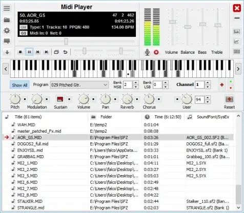 Capture d'écran de l'application soundFont midi player